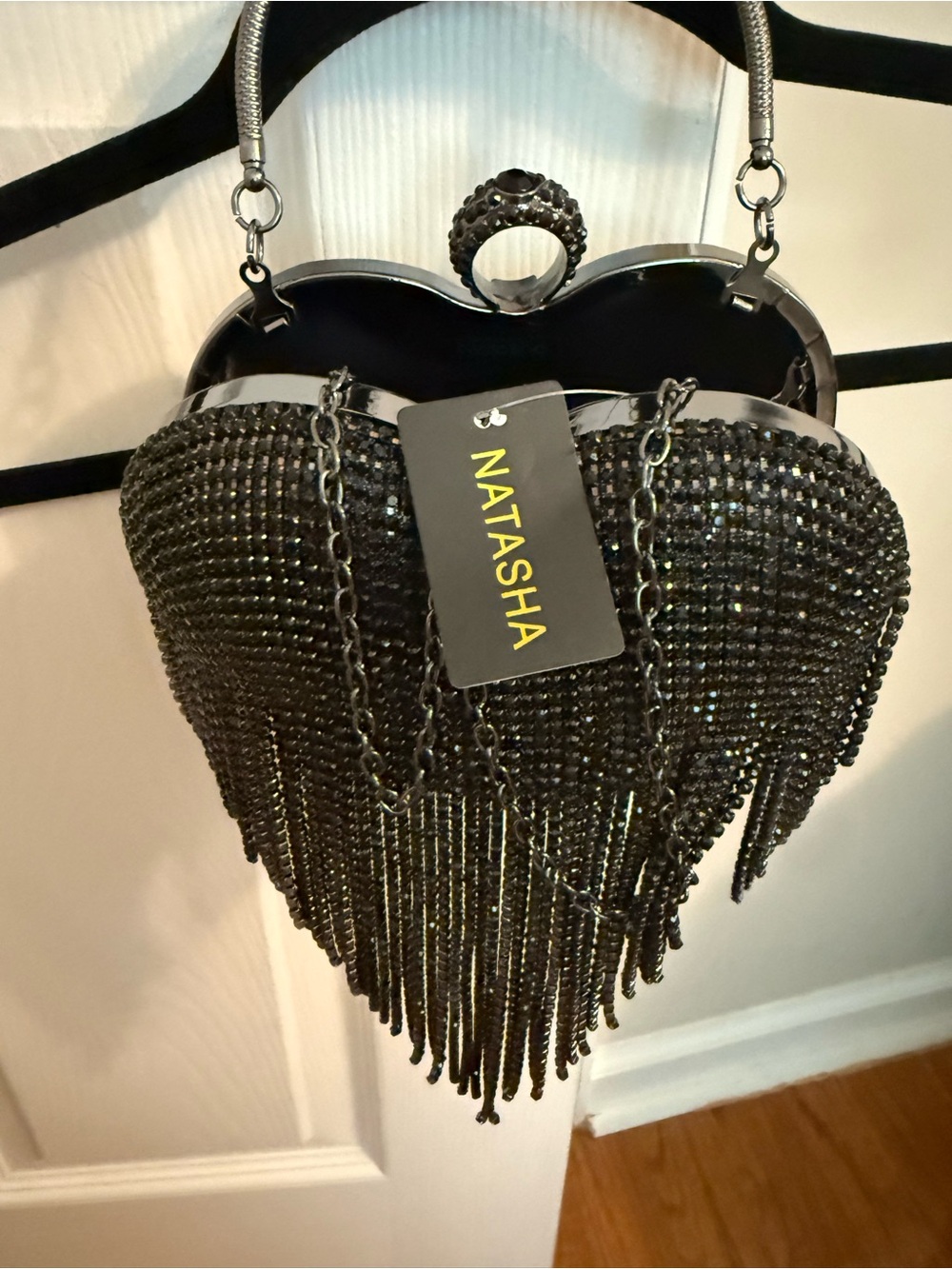 Natasha Couture Black Heart-Shaped Fringe Evening Clutch